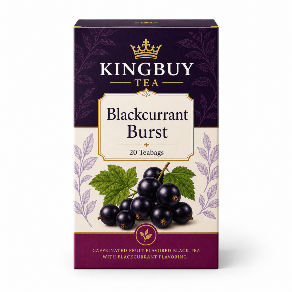 KINGBUY TEA Blackcurrant Burst packaging and sample details