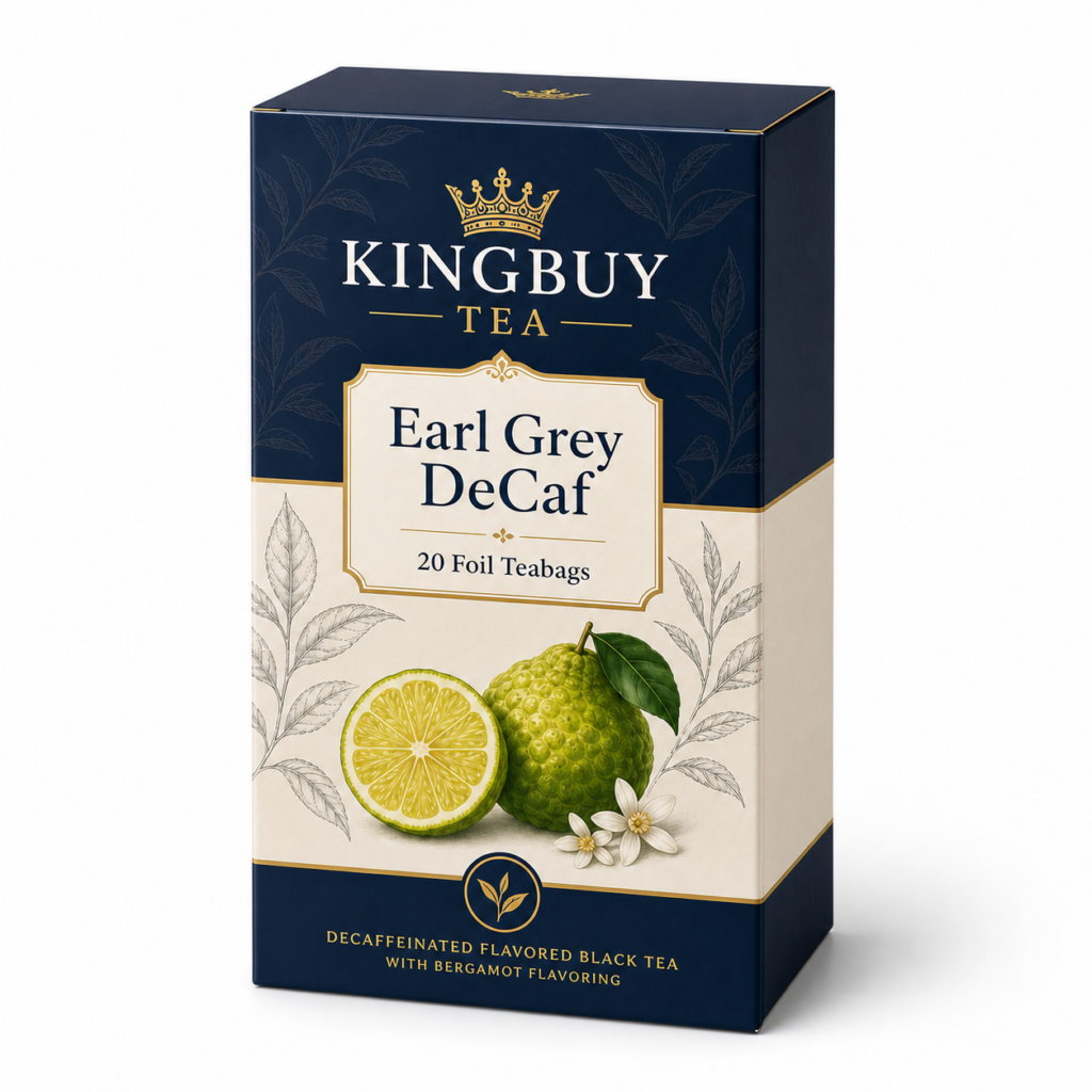 KINGBUY TEA Earl Grey DeCaf packaging and sample details