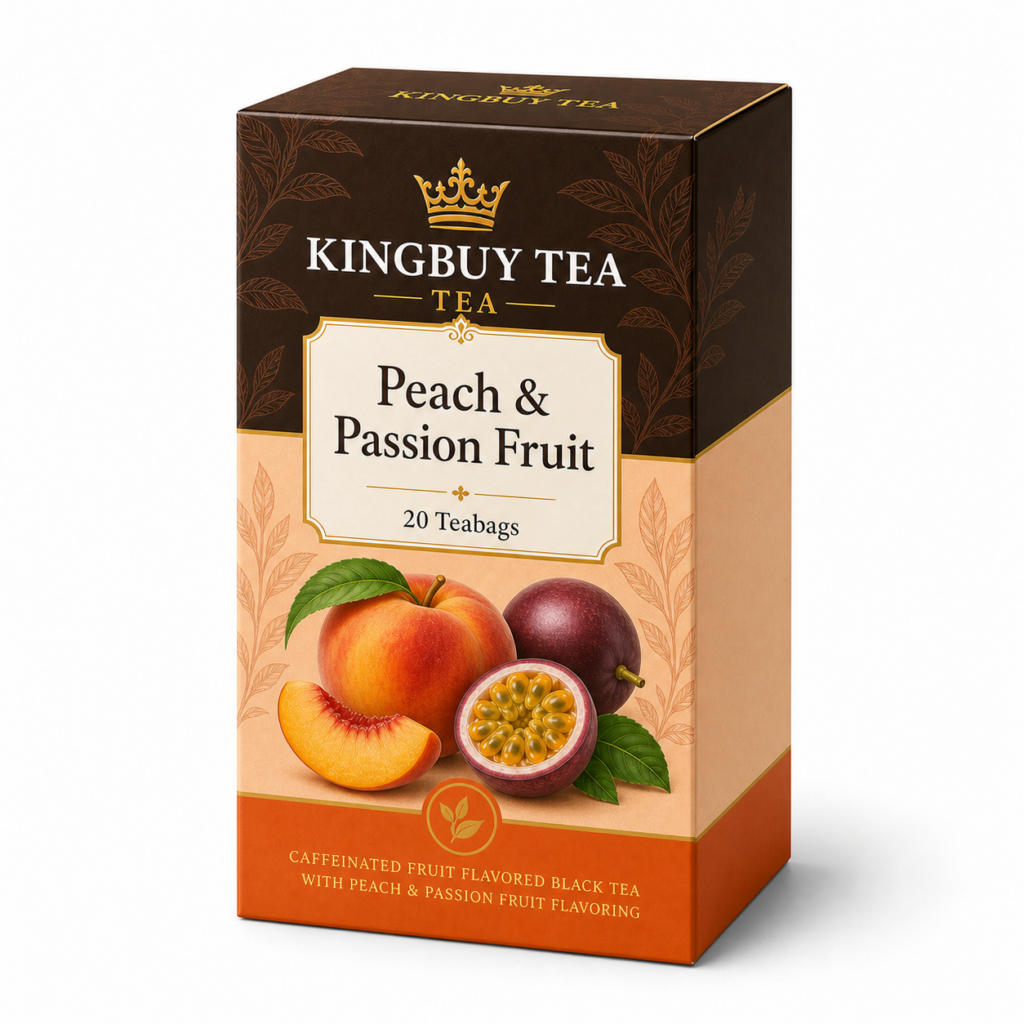 KINGBUY TEA Peach & Passion Fruit packaging and sample details